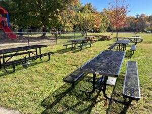 outdoor picnic tables at the school