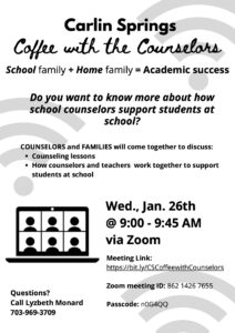 Coffee with the counselors flyer for January 26, 2022 in English