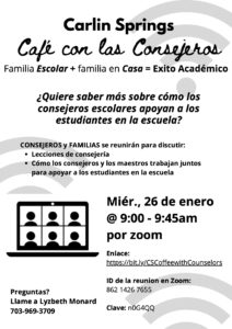 Coffee with the counselors flyer for Jan. 26 2022