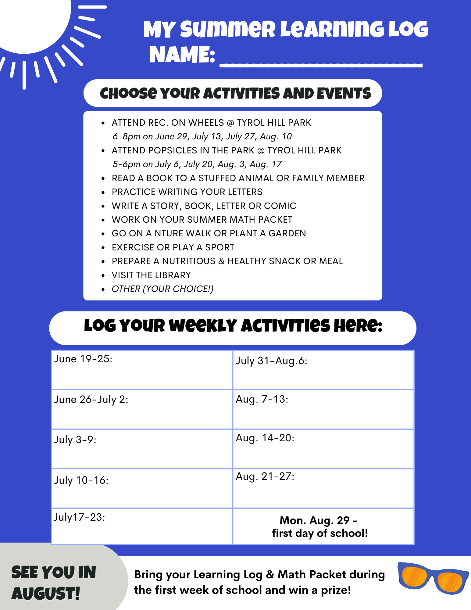 calendrier d'apprentissage d'été vierge pour les étudiants à remplir en anglais