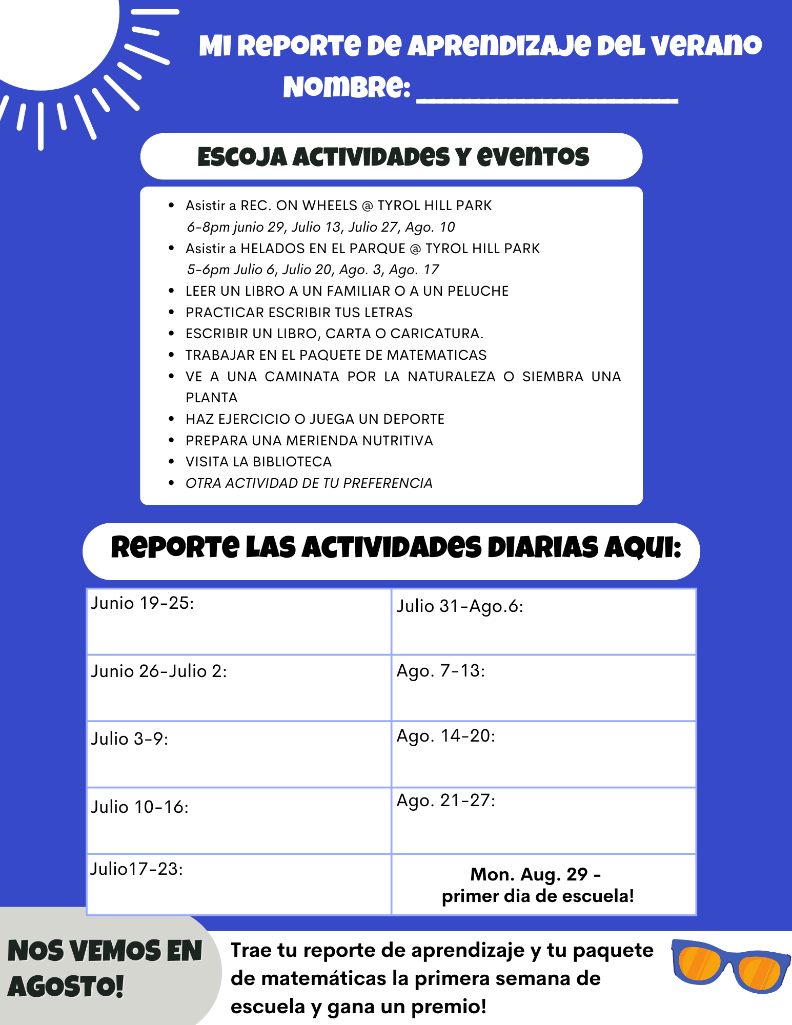 calendario de registro de aprendizaje de verano en blanco para que los estudiantes completen en español