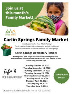 Family Market flyer with all dates listed for the 2023-24 school year in english