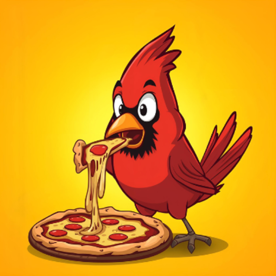 Cardinal bird eating pizza